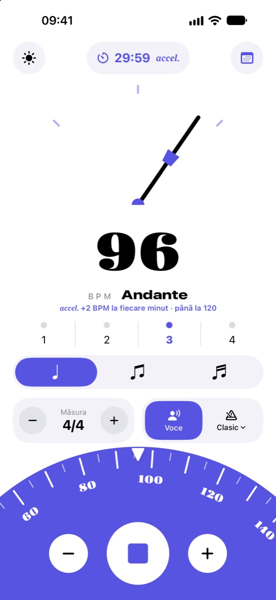 Ecranul principal Tiki-Taki: tempo 96 BPM, pendul și roata de tempo