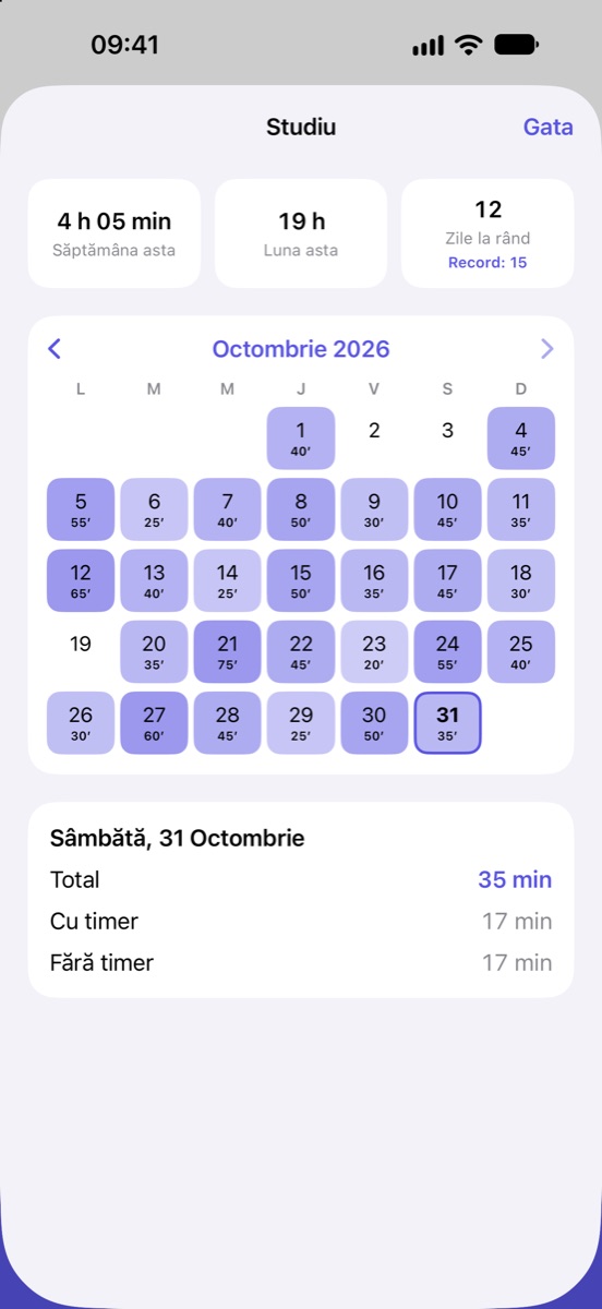 Calendarul de studiu cu minutele din fiecare zi și recordul de zile la rând