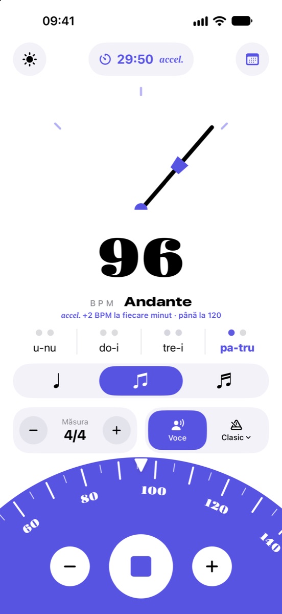Numărare pe silabe la optimi: u-nu, do-i, tre-i, pa-tru